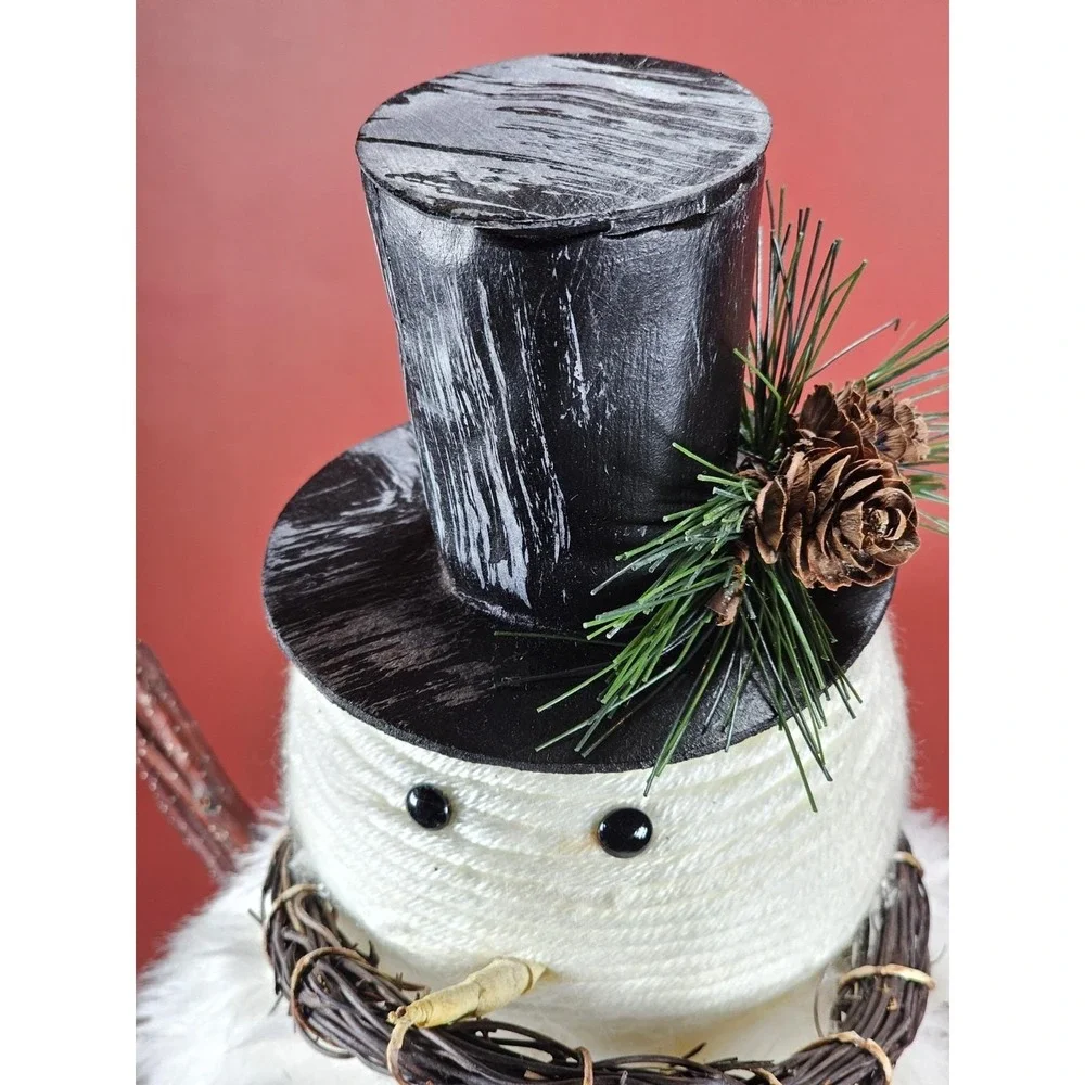 Rustic Snowman Figurine with Twig Arms Wreath Scarf Winter Decor